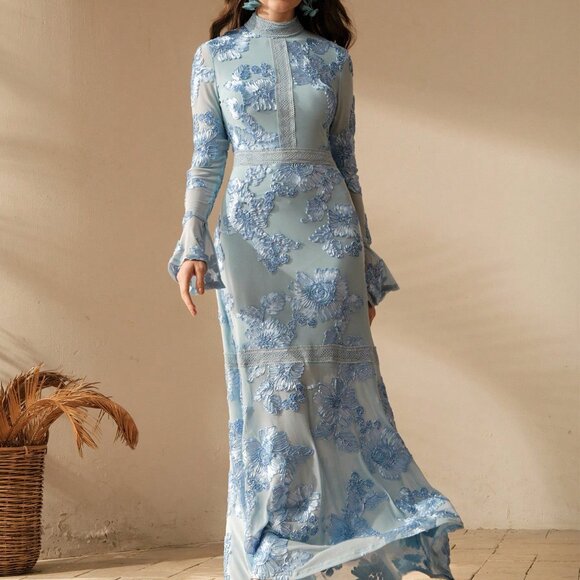 Blue Boho Women's Textured Floral Embroidered Party & Casual Long Sleeve Dress - Picture 7 of 7